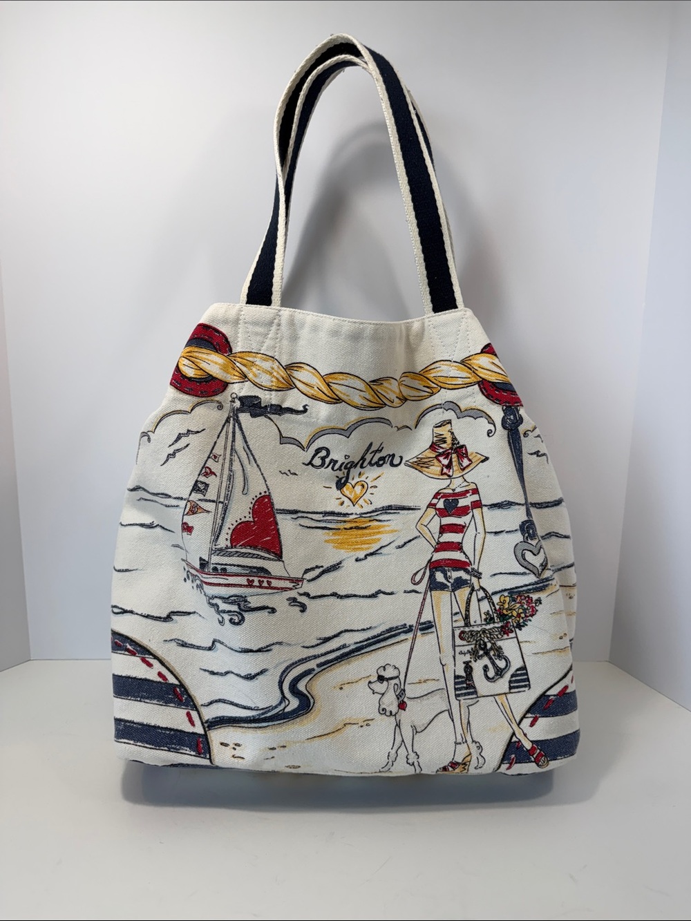 Brighton Cream Navy Red Nautical Canvas Tote Bag with Sunshine Yellow Accents